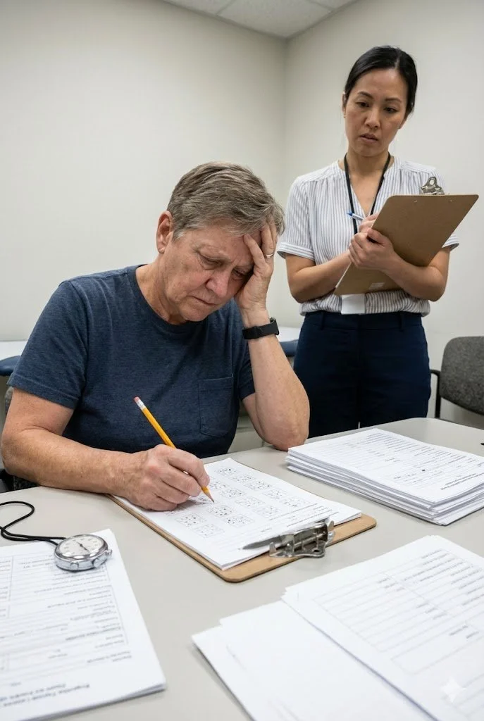 A man sitting at a desk, holding his head in frustration, surrounded by a large stack of papers, with a woman standing nearby holding a clipboard while observing him.