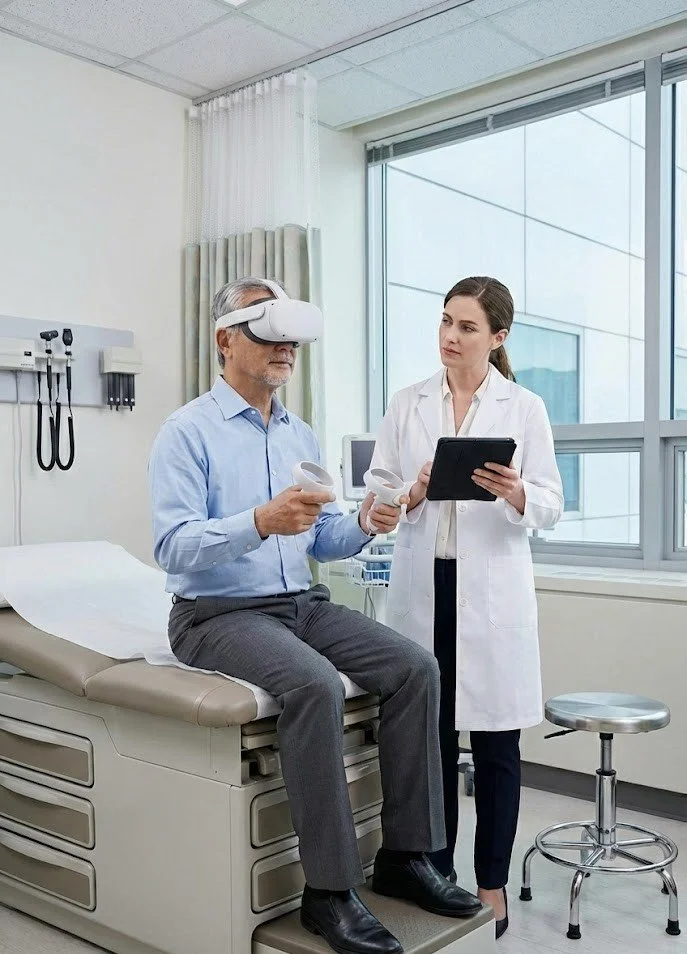 A doctor explaining a virtual reality treatment to a male patient in a hospital room.