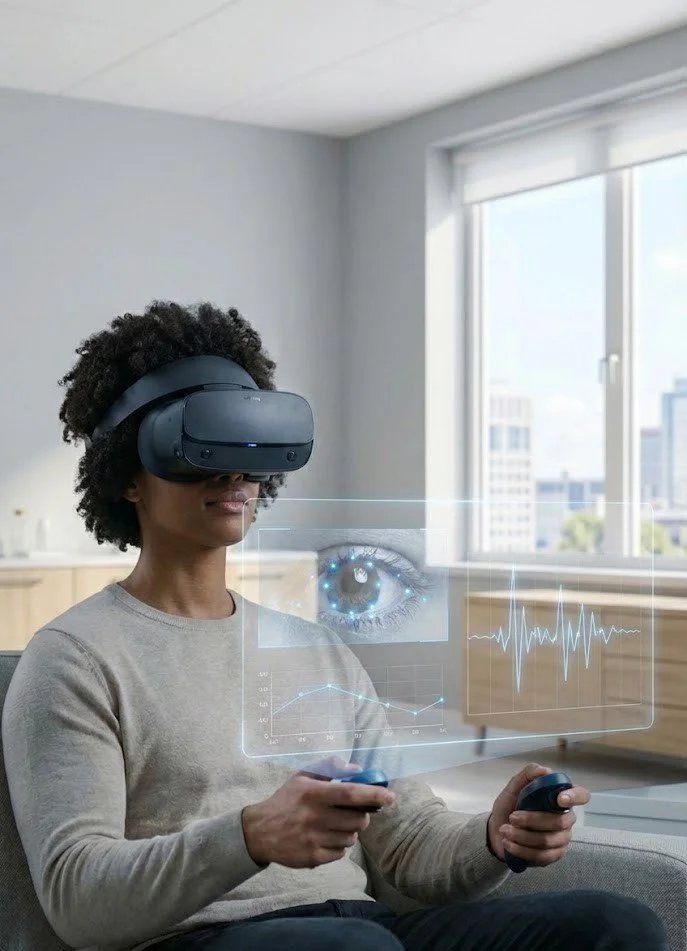 A woman with curly hair wearing a virtual reality headset, sitting on a couch in a bright room with large windows, holding VR controllers, with digital graphics of an eye, a heart rate graph, and a line chart projected in front of her.