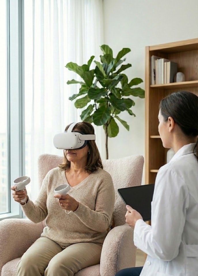 A woman wearing a virtual reality headset and holding motion controllers, sitting in a beige armchair, with a healthcare professional or researcher sitting across from her, taking notes on a tablet, in a bright room with a large plant and bookshelf in the background.