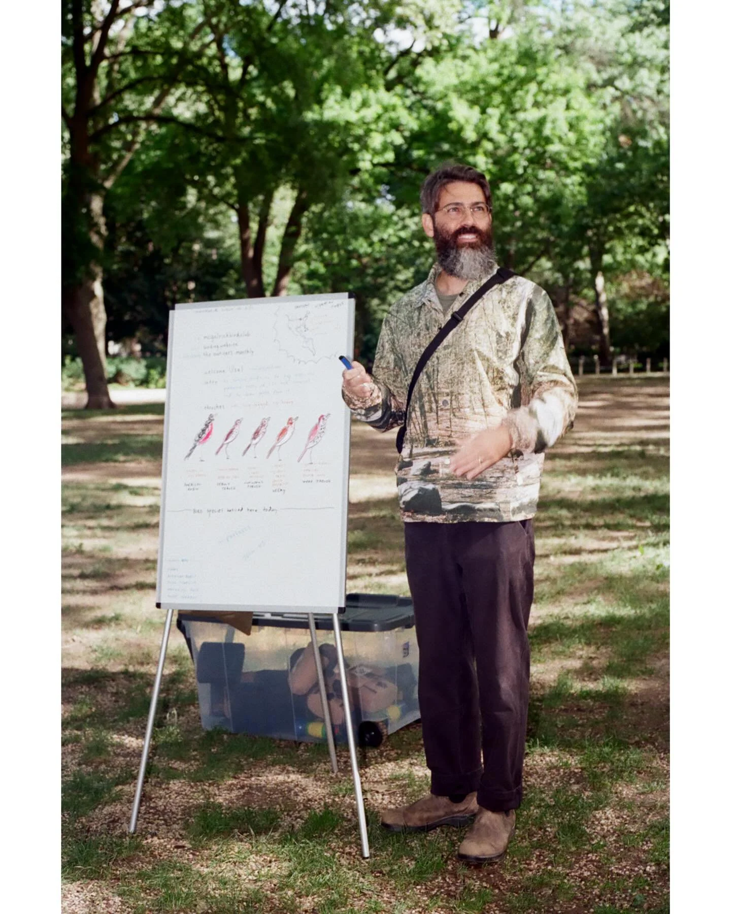 The thrush chronicles.
Slide 1&ndash;2: a man tries to explain how his madness briefly quieted in the presence of a wood thrush.
Slide 3: archival footage &mdash; the obsession deepens.
Slide 4&ndash;5: the wearable manifestation of said spiral.
Slid
