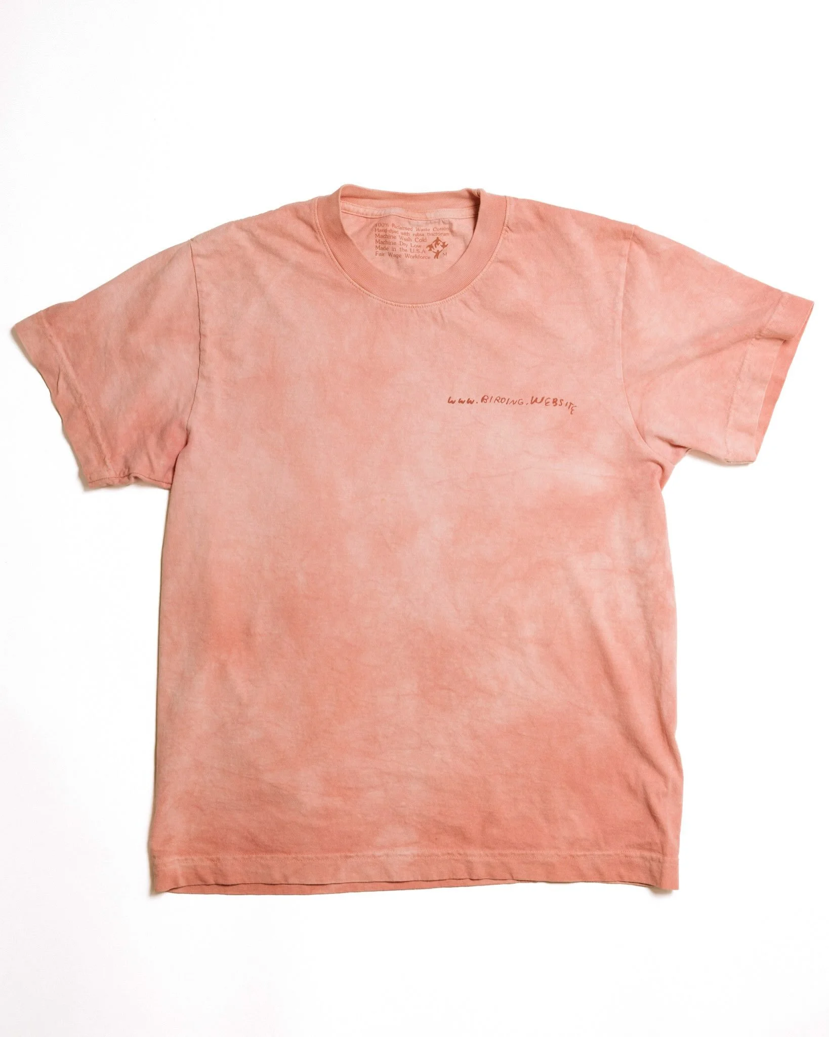 We used madder root to hand-dye 50 off-white tees made of biodegradable, reclaimed cotton. Then we screen printed them with water-based ink.

Dance with our most sacred visitors&mdash;with us&mdash;at:

www.birding.website/shop