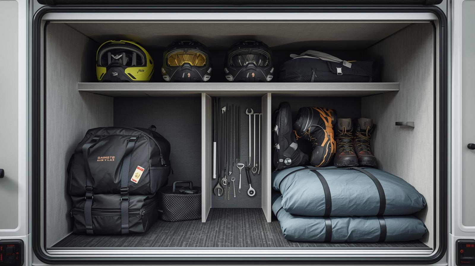 Open storage compartment with motorcycle helmets, bags, and gear organized inside.