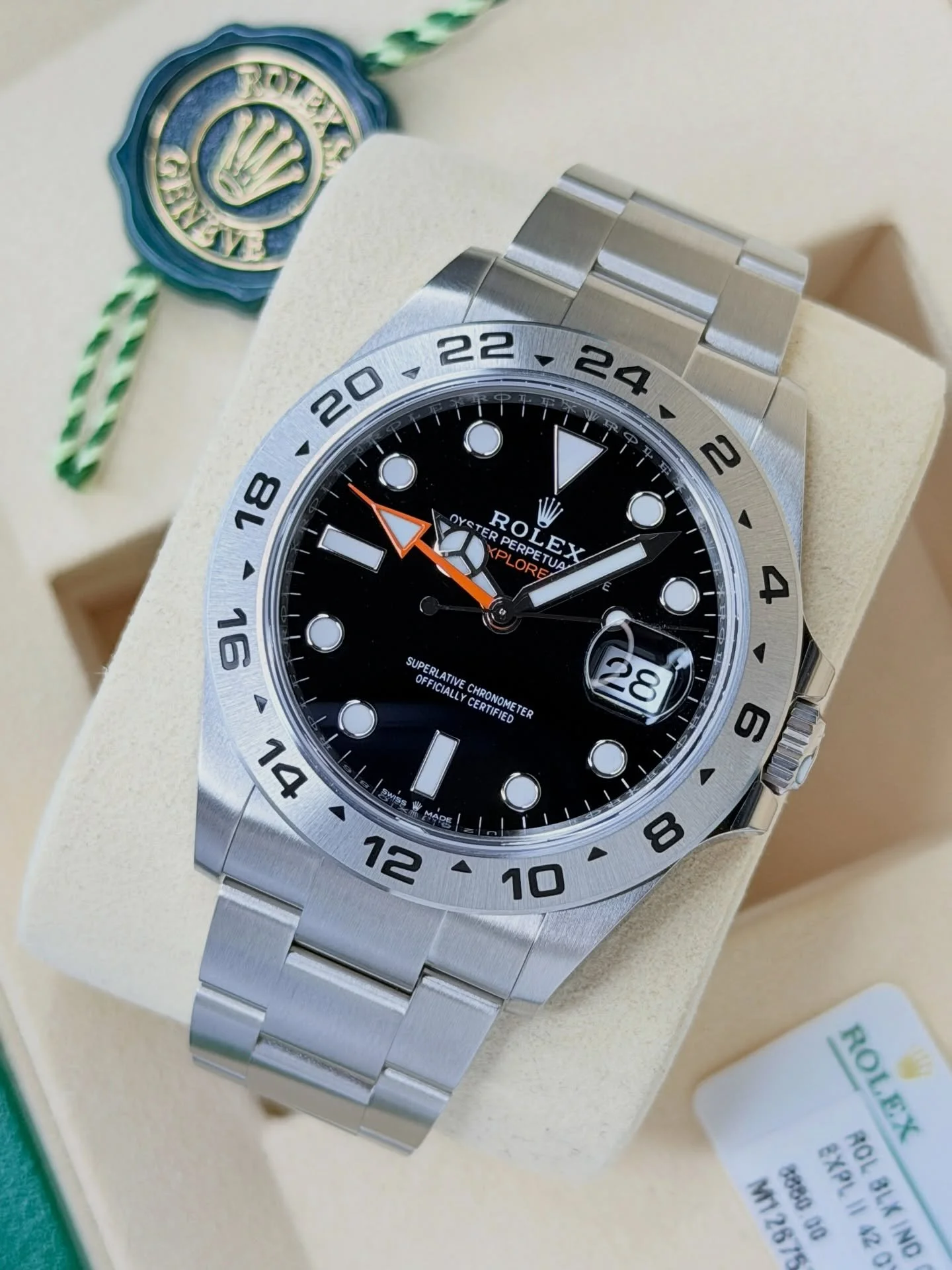 Selling this beautiful #Rolex Explorer II reference #226570 with black dial.

This Explorer is unworn. It still has a few stickers on the clasp. 

It comes as a full set, including the green box, outer box, booklet, warranty booklet, leather wallet, 