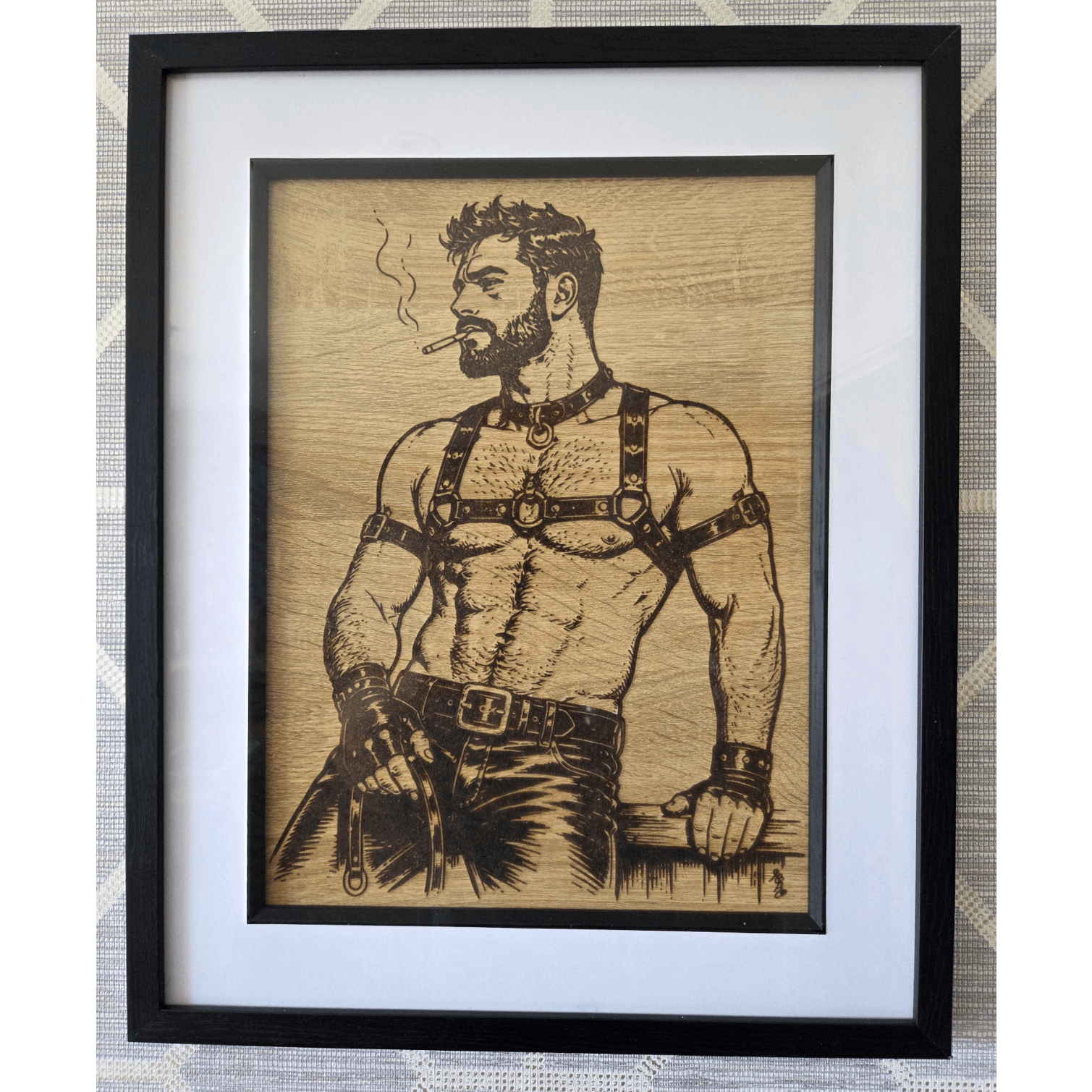 Steve, Cigarette Smoking Leather Man Gay Pyrography Art