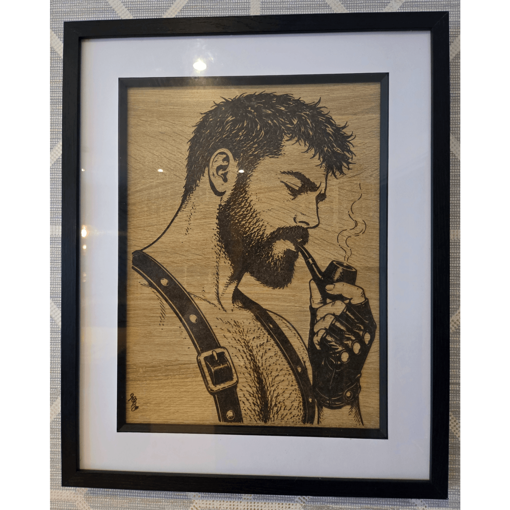 Billy, Leather Pipe Smoking Man Gay Pyrography Art