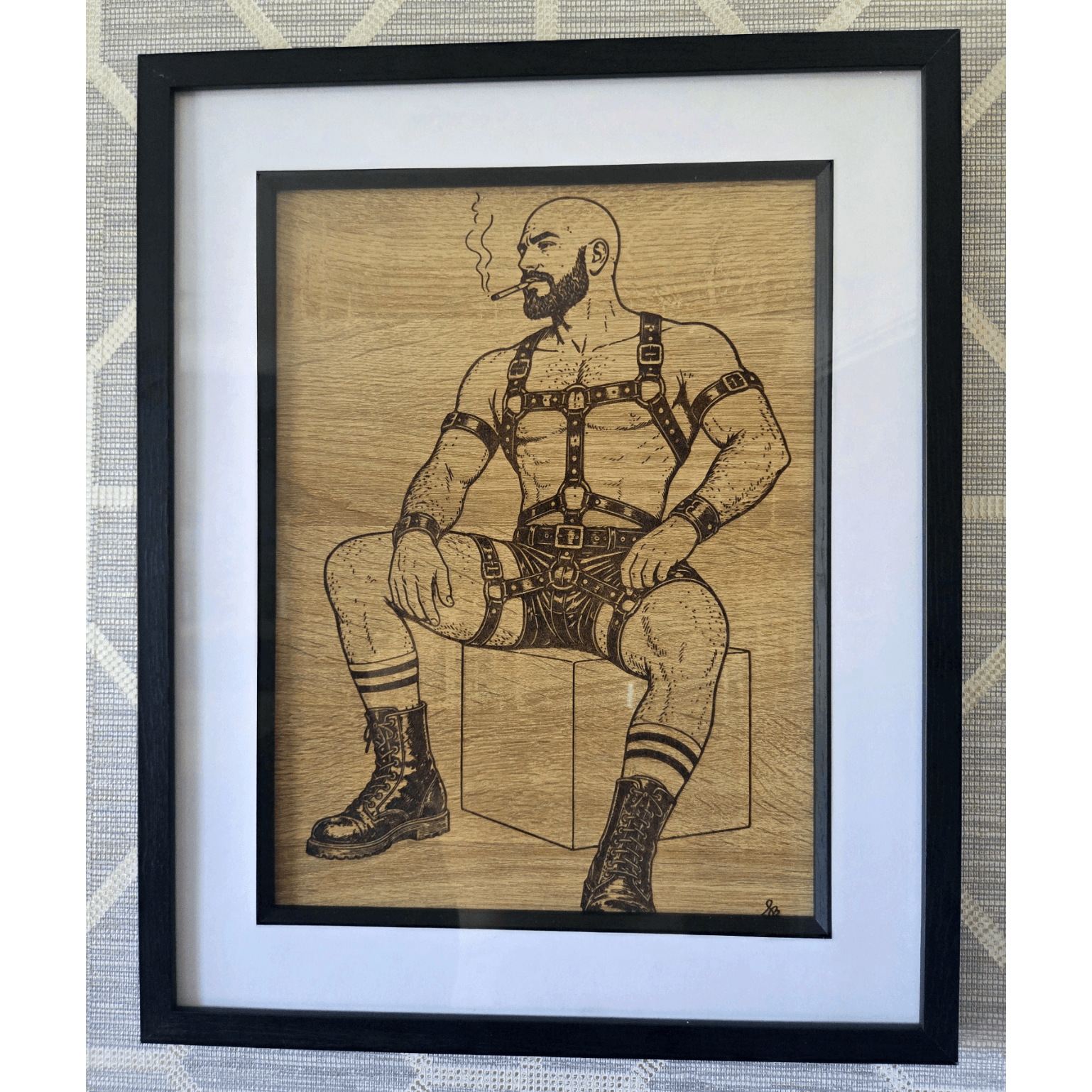 Aston, Cigarette Smoking Leather Man Gay Pyrography Art