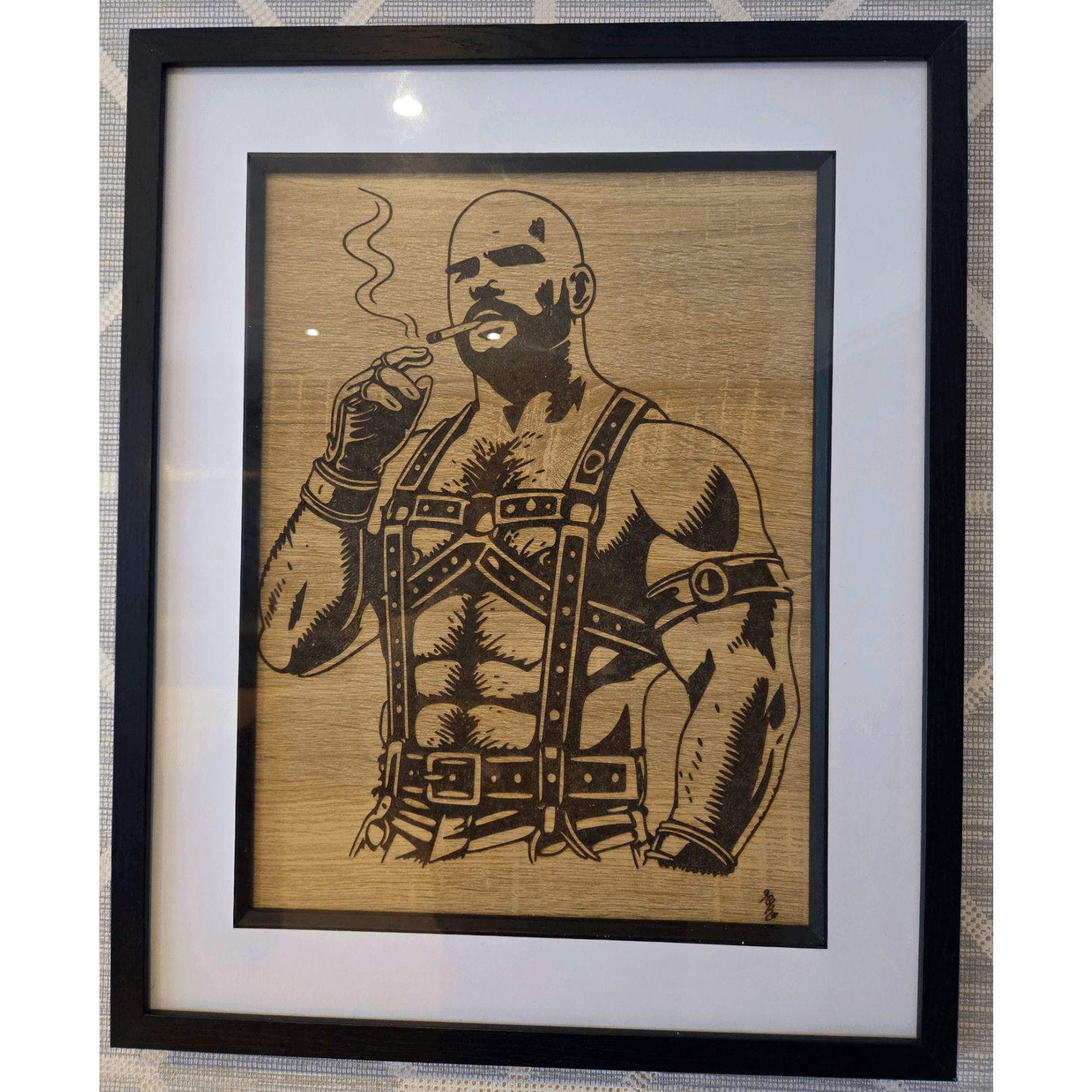 Paddy, Leather Cigar Smoking Man Gay Pyrography Art