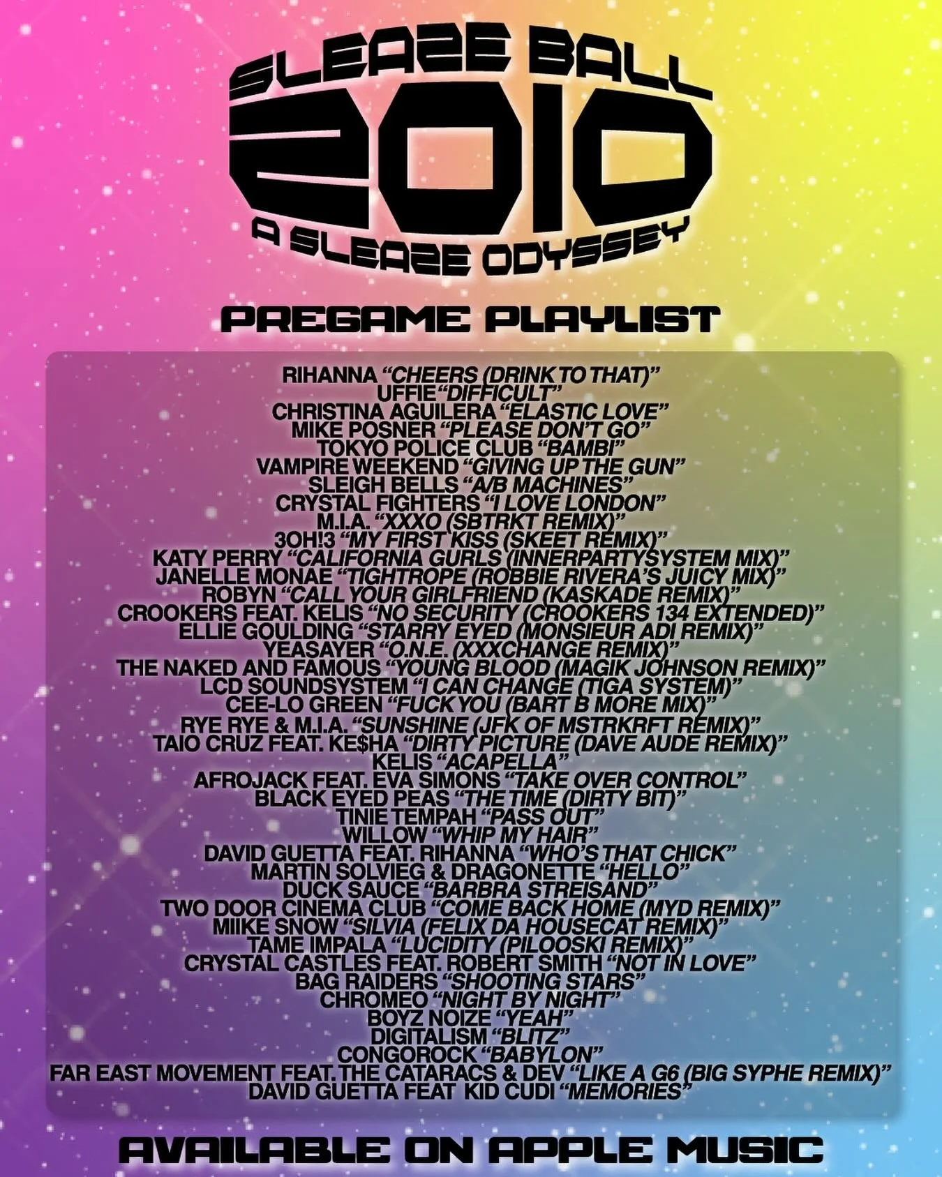a taste of what to expect at our party for your pre-party 🥂🎊

the 2010: a sleaze odyssey pregame playlist is now live on apple music 🪩🌈🎧🎶 

listen &amp; subscribe to the playlist by clicking the link in bio✨