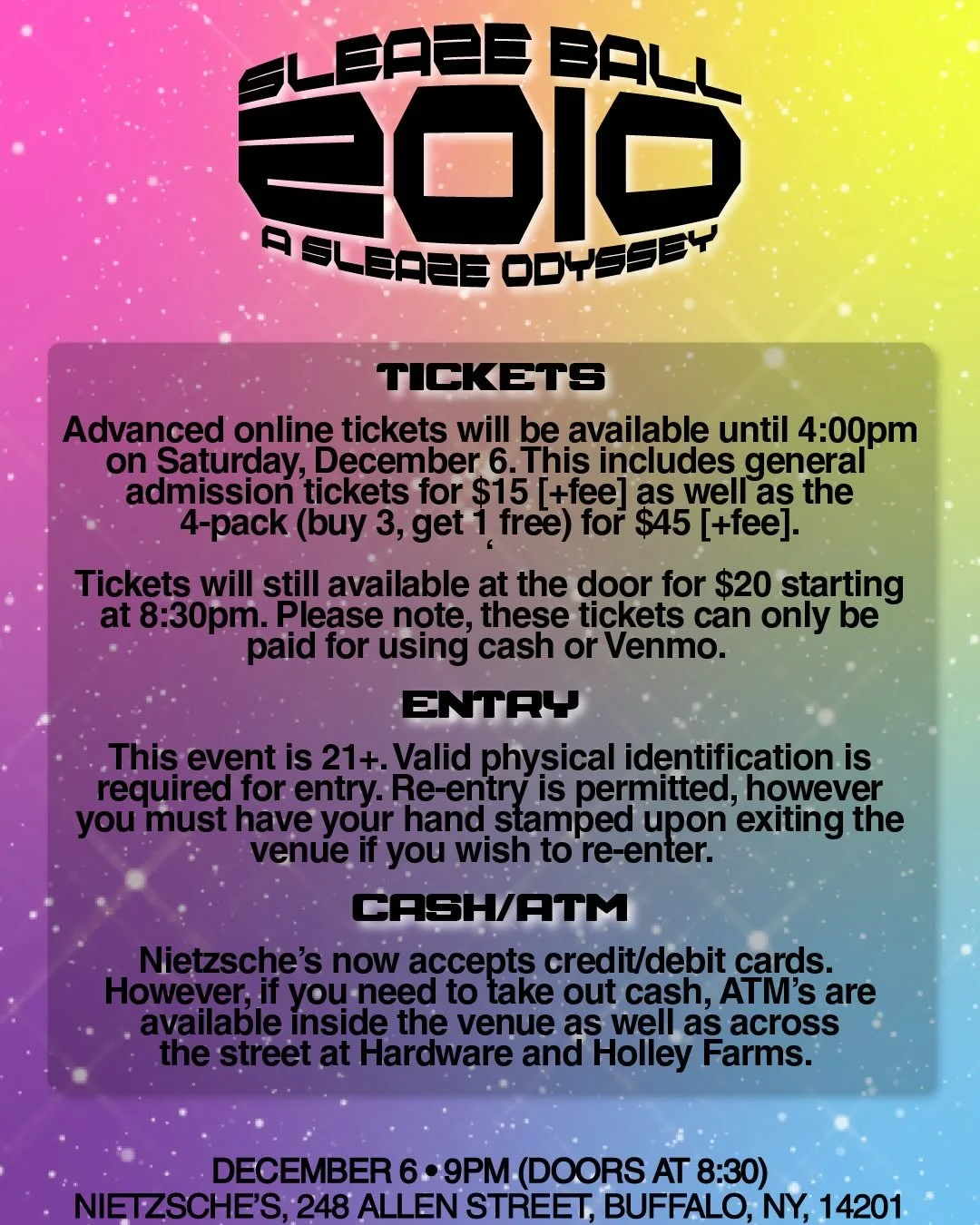 💫⭐️ SLEAZE IS TOMORROW ⭐️💫

we are SO excited to see you all and party at sleaze ball with you tomorrow night 🪩✨

before we can do that though, please read through the important ticketing information if you still need to buy a ticket 🎟️, as well 