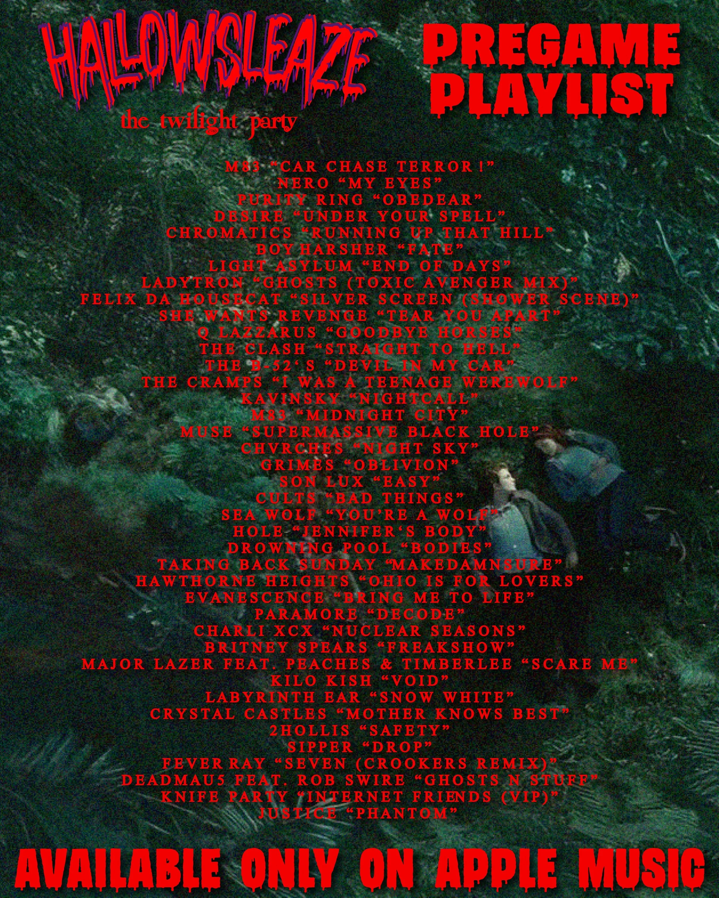 the sleaze ball x recession pop pregame playlist is now live on apple music 🧛🏻&zwj;♂️🩸🐺🌙🪾🤲🍎🎃👻🪩🎧🎶 

a taste of what to expect at OUR party for YOUR pre-party 🍾🥂 featuring spooky, synthy dark wave &amp; goth, bone-chilling indie classics