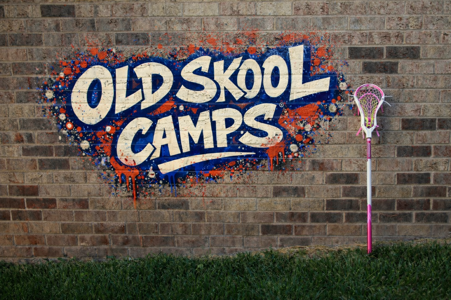Graffiti on a brick wall featuring the text 'Oldskool Camps' with splashes of orange, white, and blue paint, and a pink and white lacrosse stick standing on grass to the right.