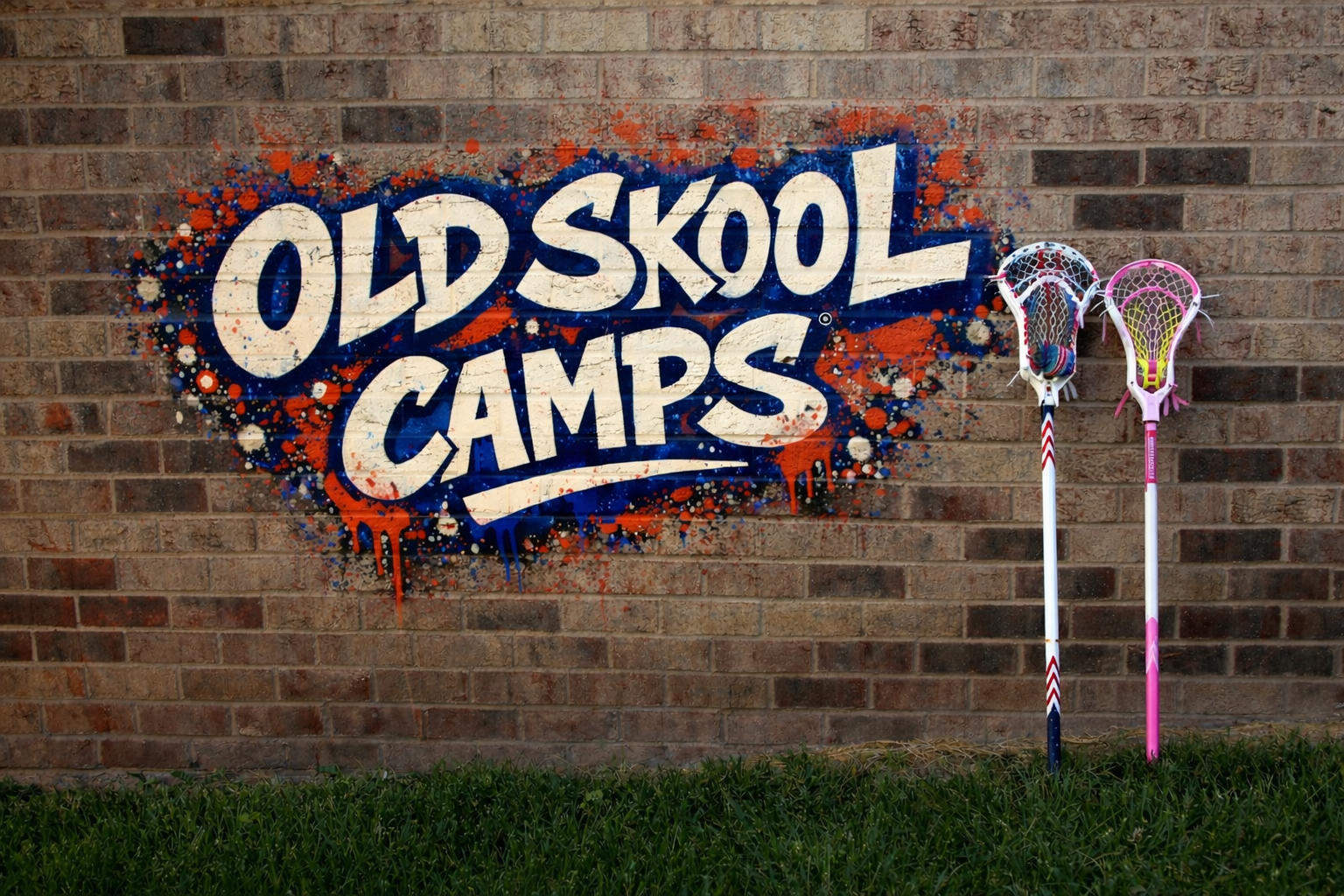 Graffiti art on a brick wall that reads 'Old Skool Camps' with two lacrosse sticks leaning against the wall underneath it.