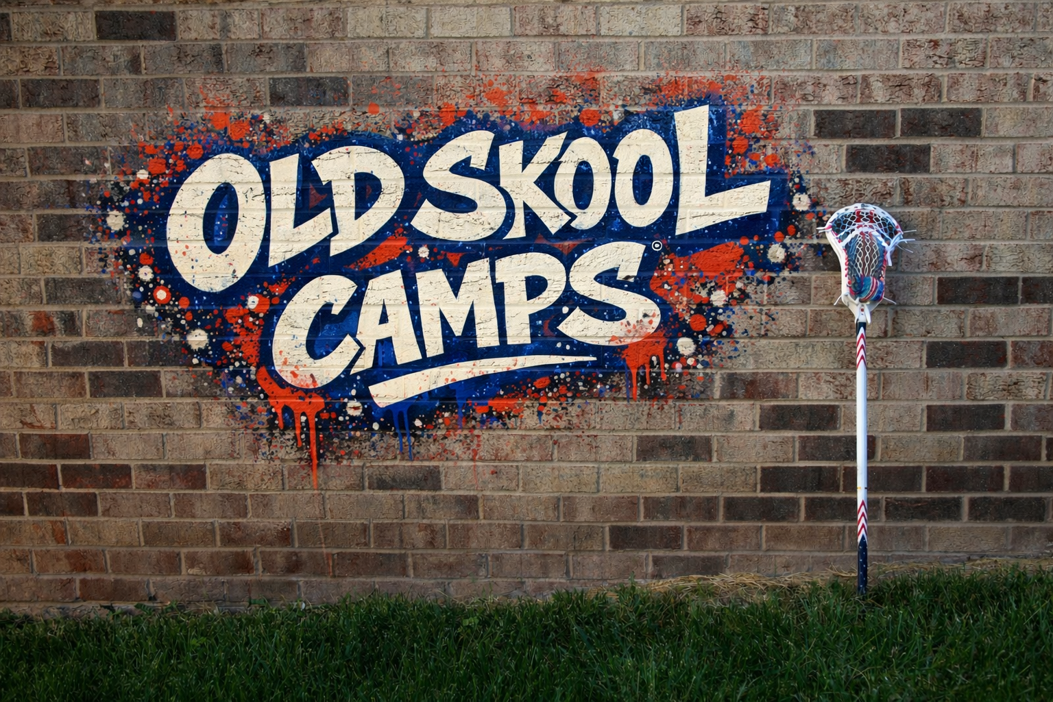 Graffiti on a brick wall reading 'Old School Camps' with a soccer ball street art on a stick nearby.