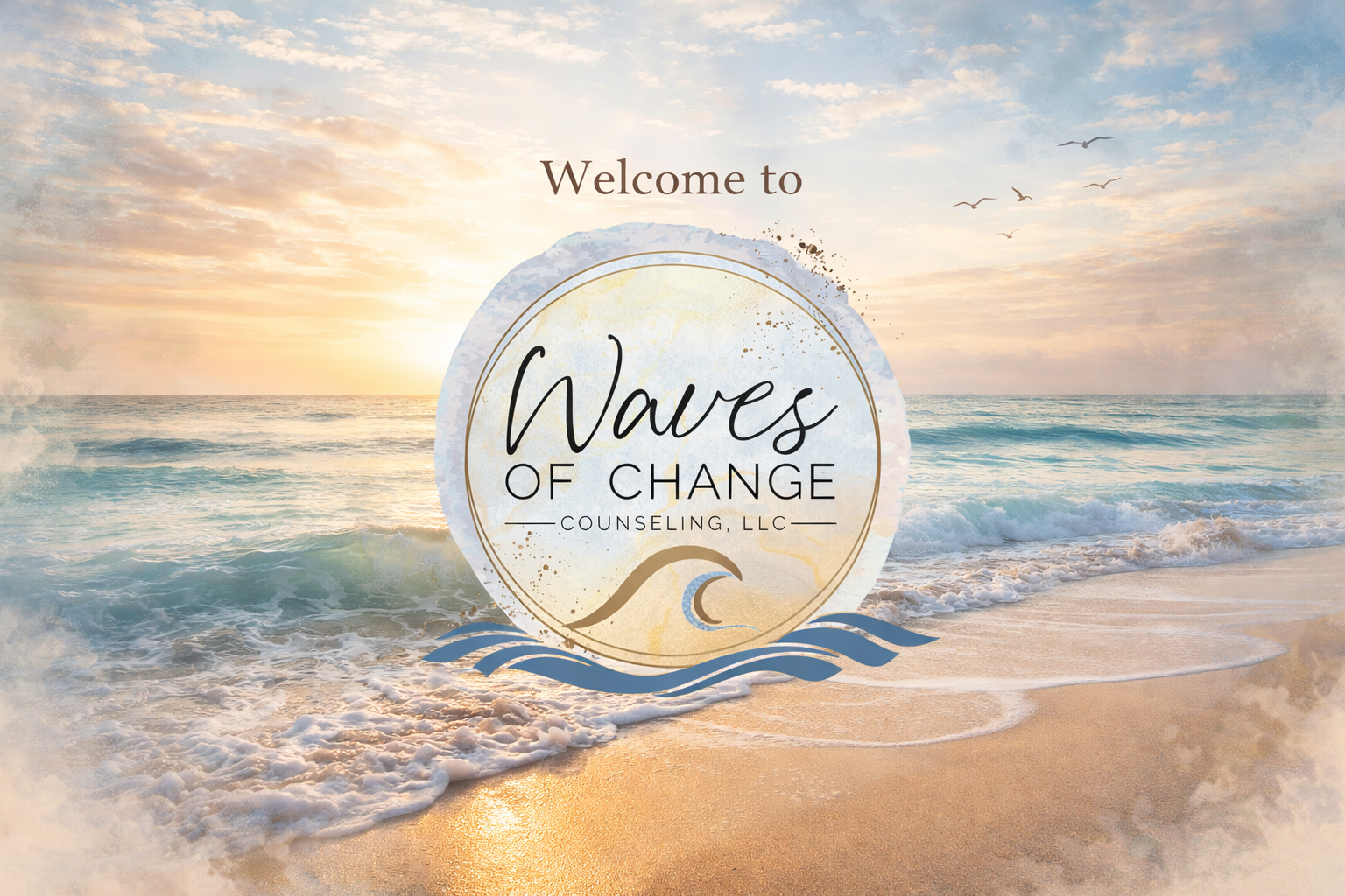 Beach scene with ocean waves at sunset, featuring seagulls and a logo for Waves of Change Counseling LLC