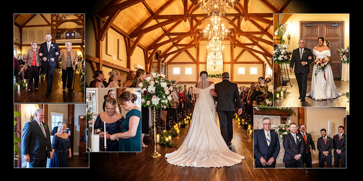 Collage of a wedding ceremony in a rustic, wood-paneled chapel. Central image shows the bride walking down the aisle with her father. Surrounding photos include a groom with family, a bride with her father, parents lighting candles, and a bridal part