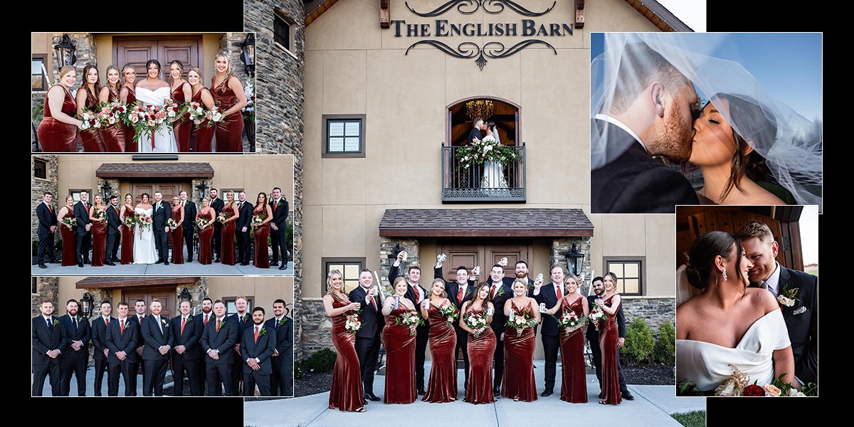 Collage of wedding photos at The English Barn showing a bride, groom, and bridal party in formal attire; includes group shots and couple portraits outside the venue.
