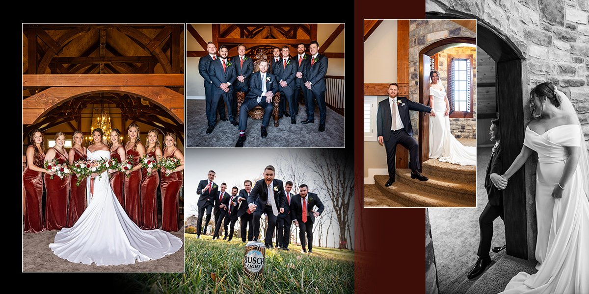 Collage of wedding photos including a bride with bridesmaids, groom with groomsmen, a playful group shot outdoors, and a bride and groom holding hands inside a rustic venue.