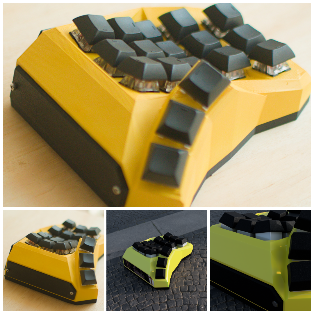 Computadora con teclado de color amarillo y negro, diseñada con un estilo futurista y poco convencional.