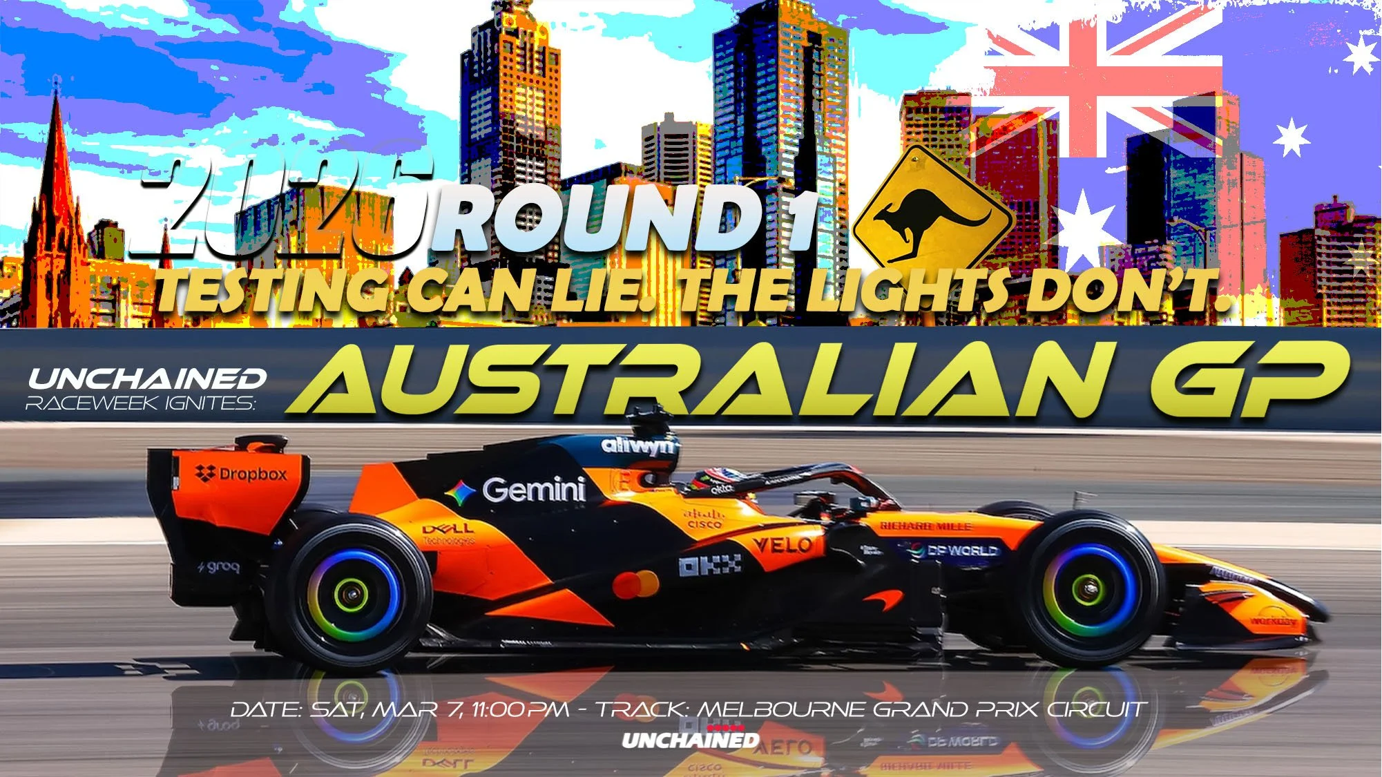 2026 Australian Grand Prix Formula 1 poster with McLaren race car artwork.