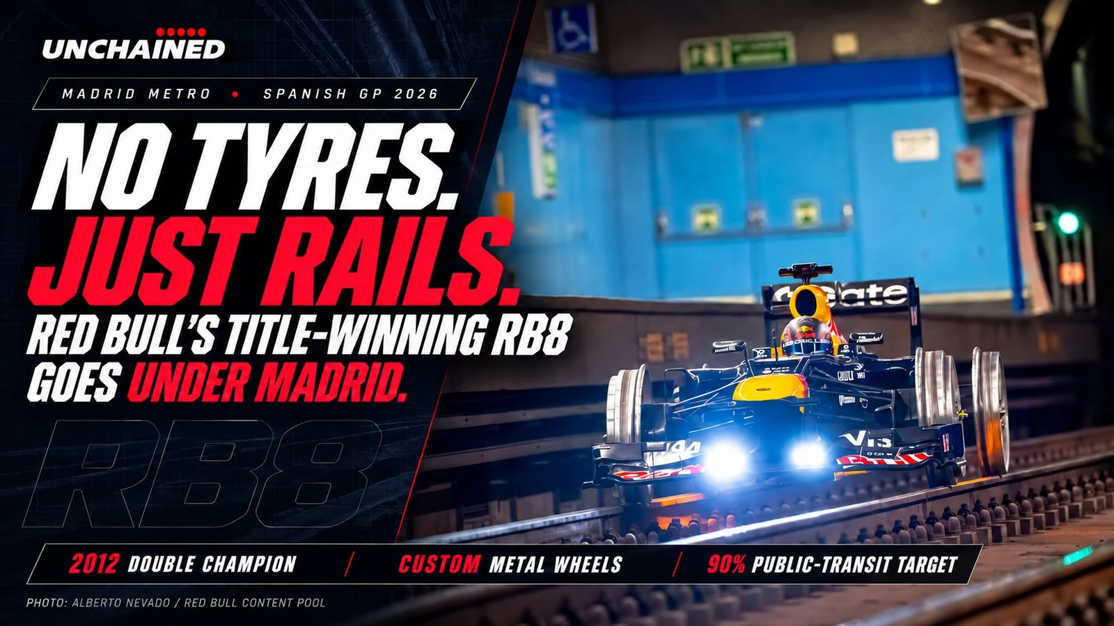 NO TYRES. JUST RAILS: RED BULL’S TITLE-WINNING RB8 GOES UNDER MADRID