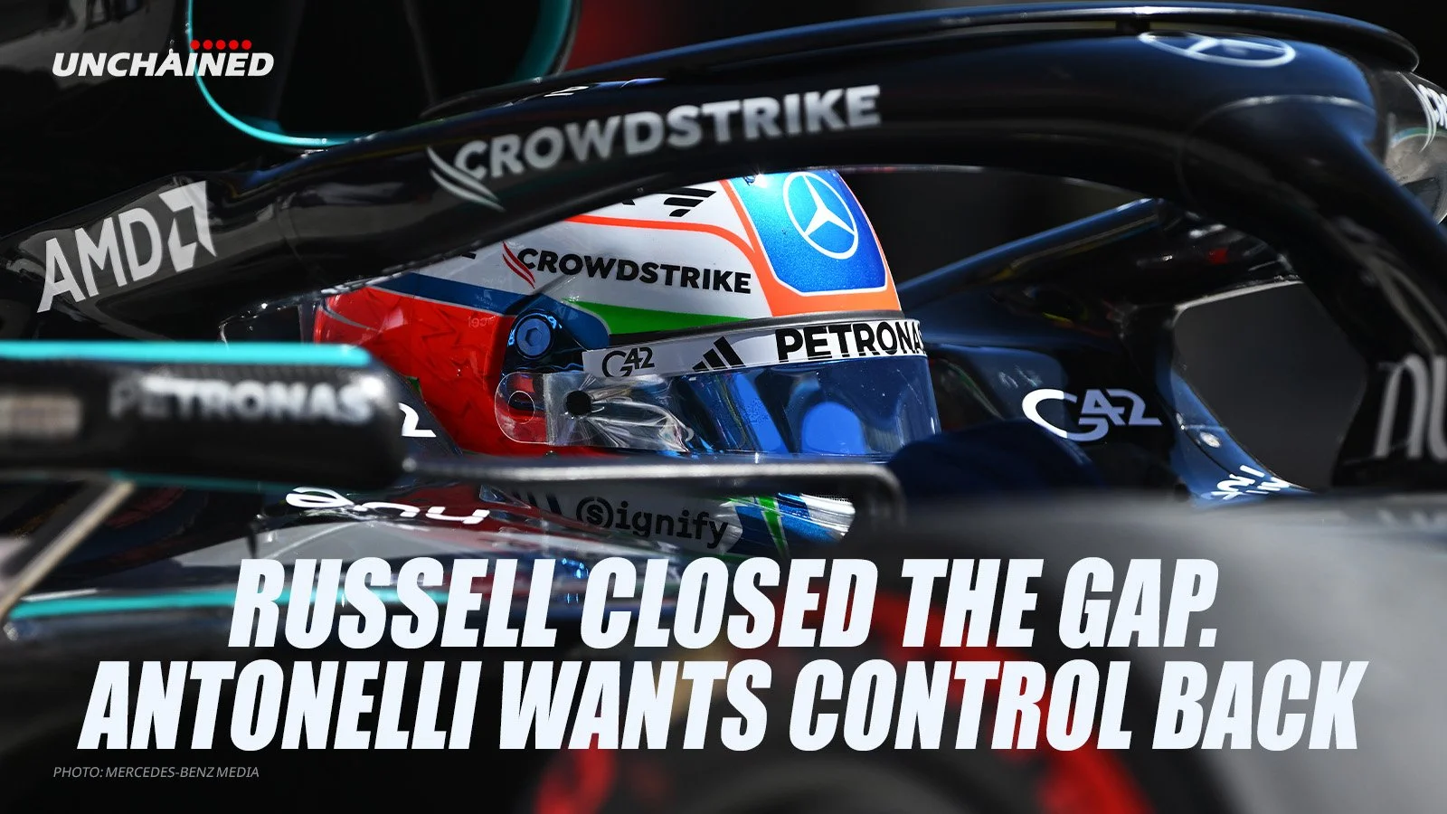 Kimi Antonelli in a Mercedes cockpit beneath the headline “Russell Closed the Gap. Antonelli Wants Control Back.”