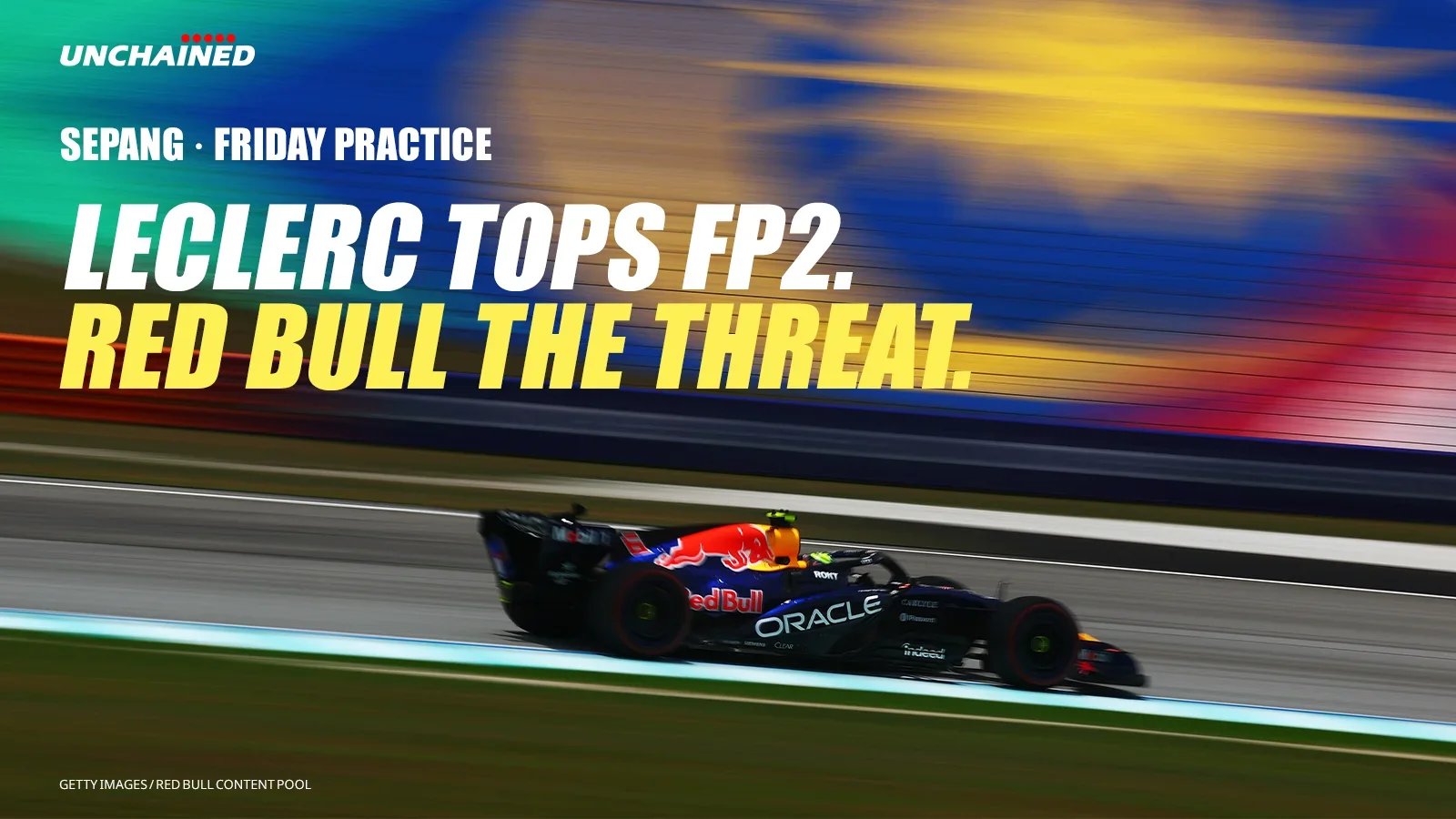 Isack Hadjar’s Red Bull at Sepang against a blurred Malaysian-flag background, with the headline “Leclerc tops FP2. Red Bull the threat.”