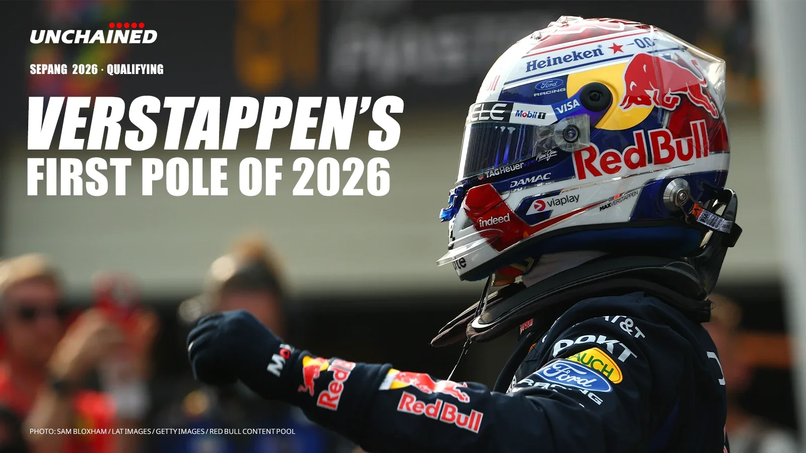 Max Verstappen raises his fist after taking pole at Sepang, alongside the headline “Verstappen’s first pole of 2026.”