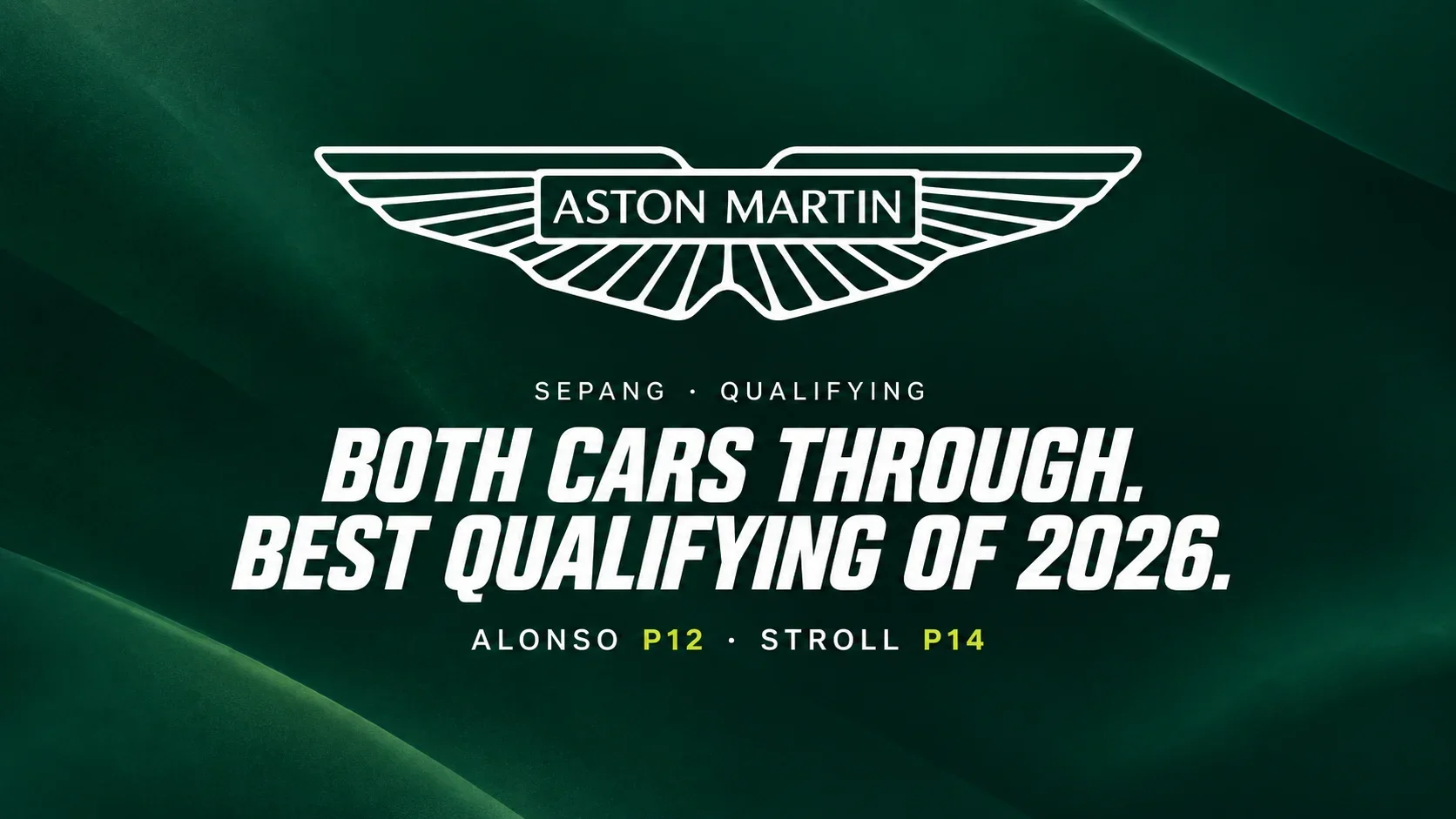 Aston Martin wings on a dark green background with the headline “Both cars through. Best qualifying of 2026” and results Alonso P12 and Stroll P14.