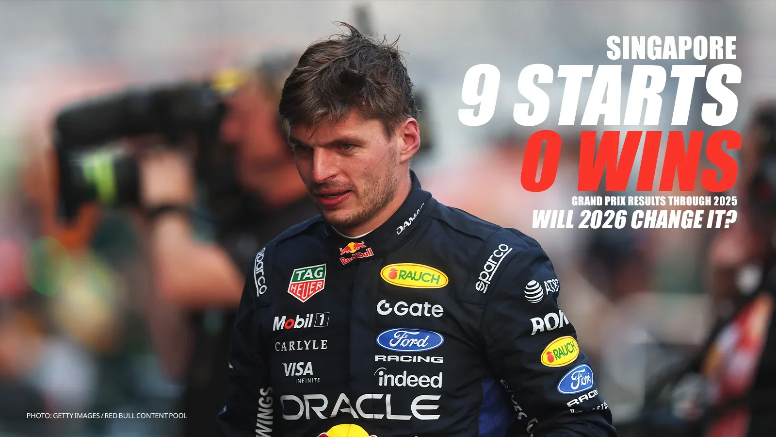 Max Verstappen at Sepang in 2026, beside text showing nine Singapore Grand Prix starts and zero wins through 2025.