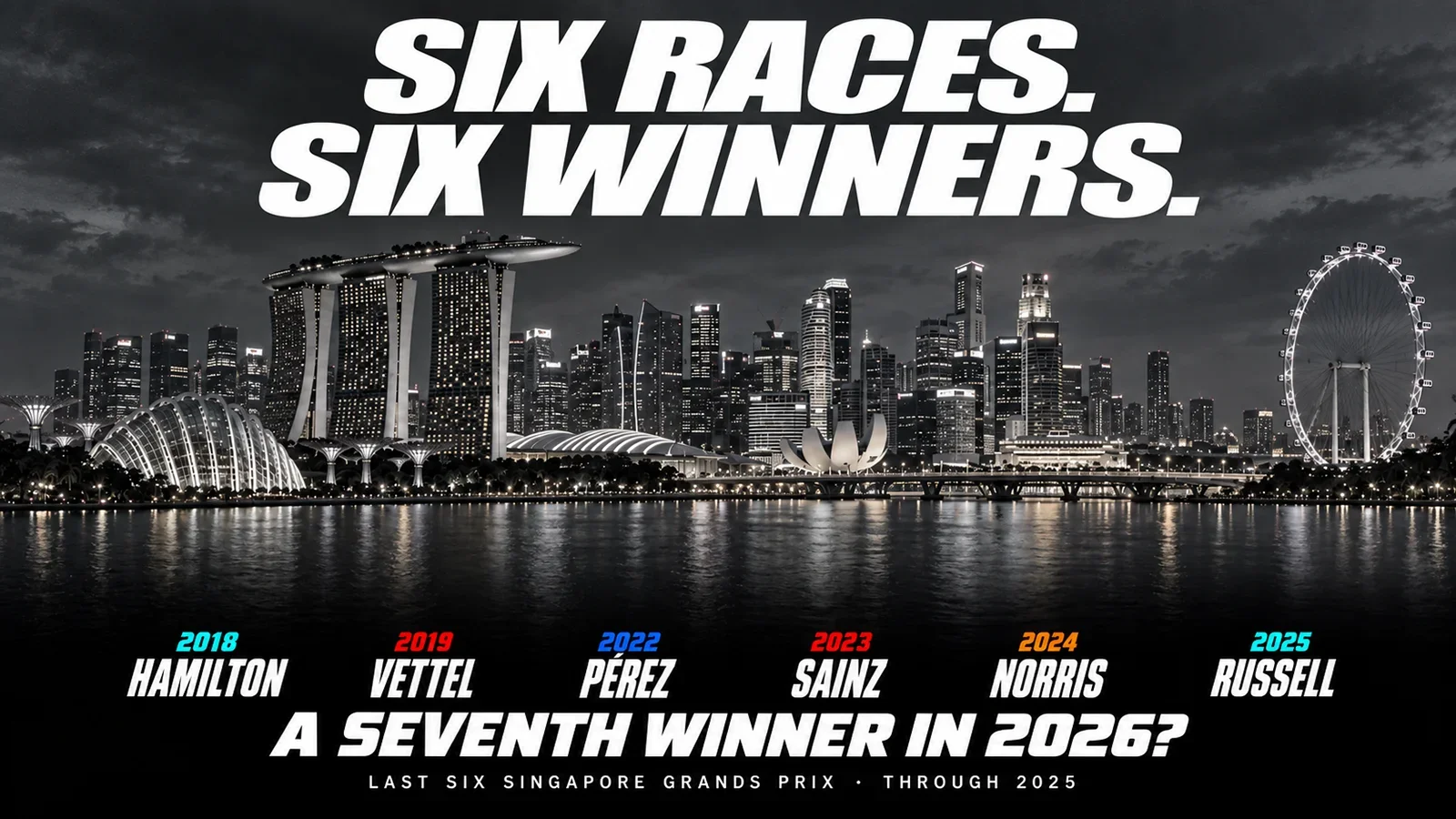 Illustrated Singapore skyline listing six Grand Prix winners: Hamilton, Vettel, Pérez, Sainz, Norris and Russell, with the question “A seventh winner in 2026?”