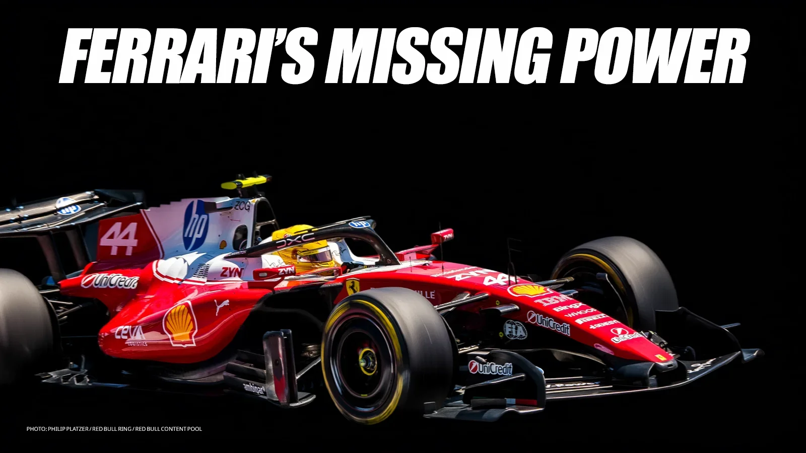 Lewis Hamilton driving his Ferrari, isolated against a black background beneath the headline “Ferrari’s Missing Power.”