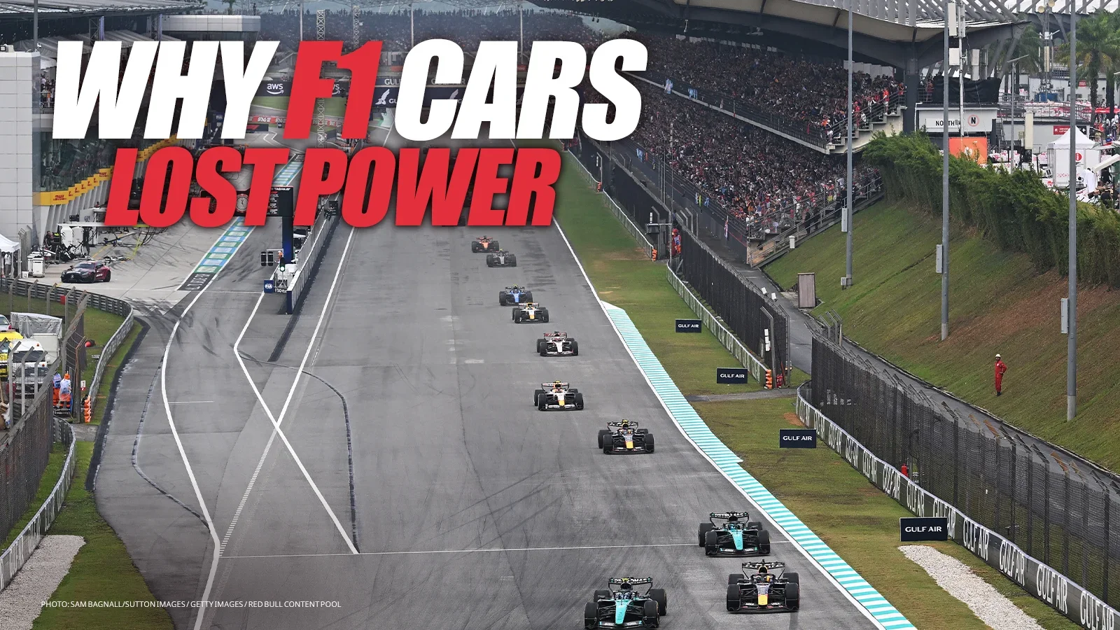 Kimi Antonelli’s Mercedes alongside Max Verstappen’s Red Bull at the Sepang race start, beneath the headline “Why F1 Cars Lost Power.”