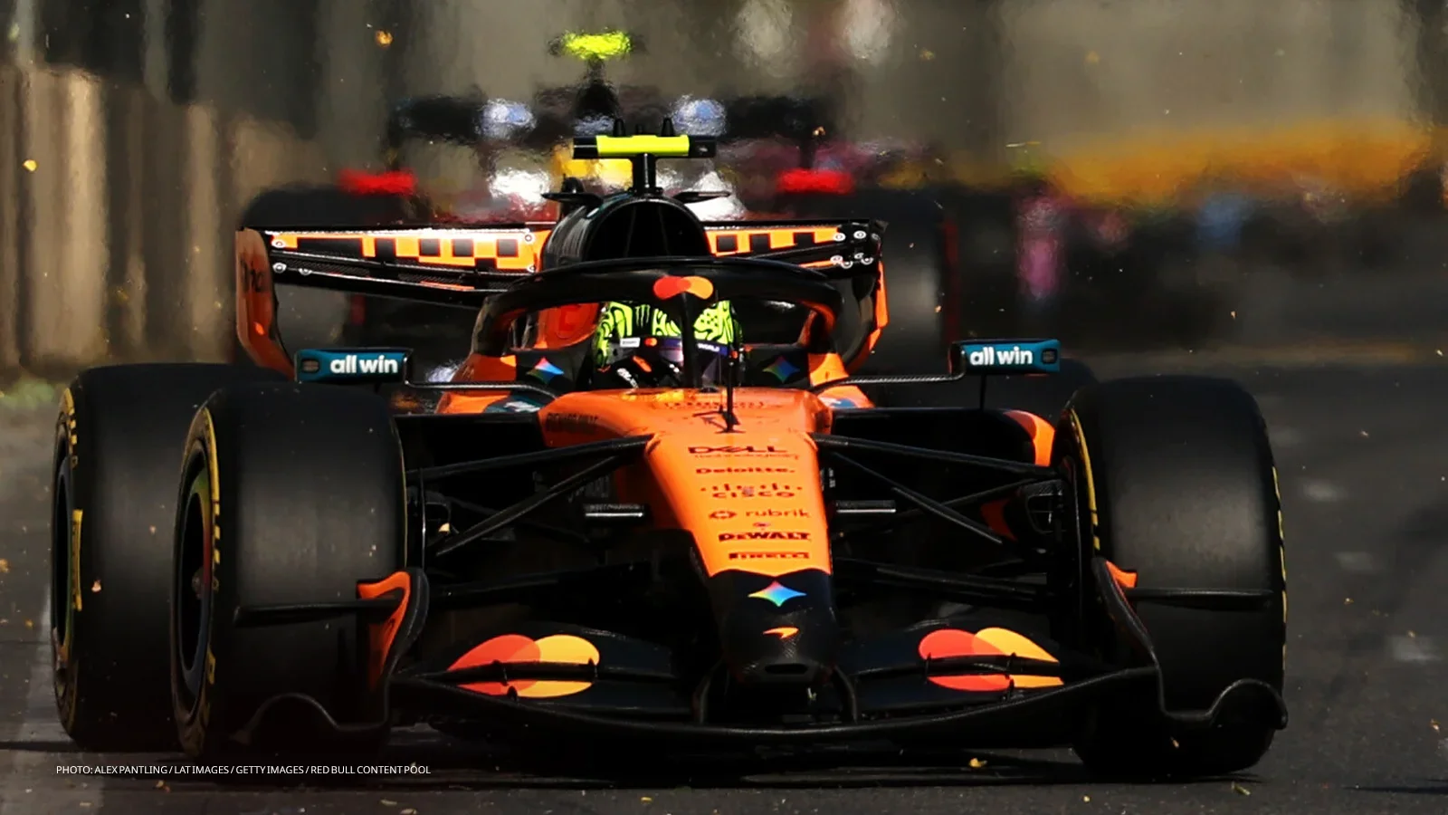 Front view of Lando Norris’s orange McLaren MCL40 on track during the 2026 Azerbaijan Grand Prix.