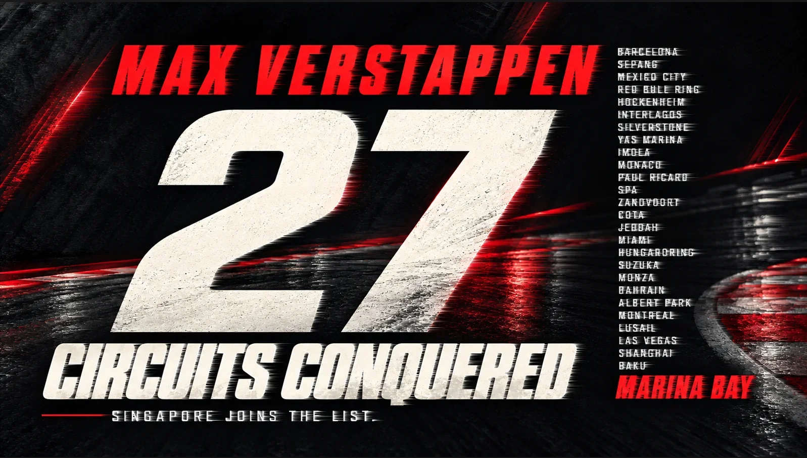Red-and-black graphic reading “Max Verstappen, 27 circuits conquered,” listing his Grand Prix-winning circuits and highlighting Marina Bay.