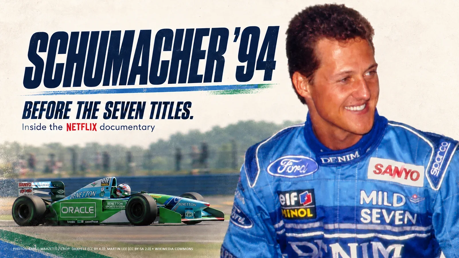 Editorial composite of Michael Schumacher in his blue Benetton suit and his 1994 racing car, with the headline “Schumacher ’94: Before the seven titles.”