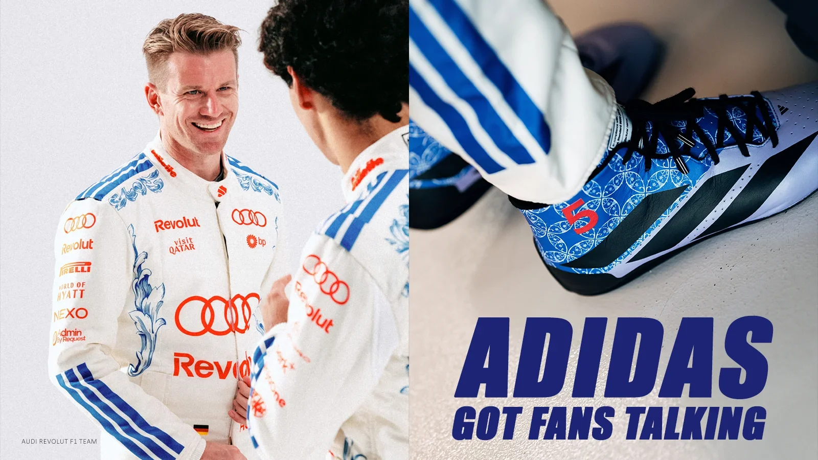 Nico Hülkenberg and Gabriel Bortoleto in Audi’s white-and-blue Singapore race suits beside Bortoleto’s patterned Adidas racing boot, with “Adidas Got Fans Talking” text.