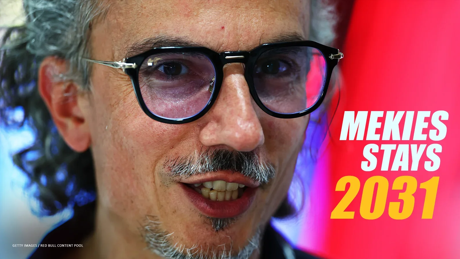 Close-up of Red Bull team principal Laurent Mekies, with “Mekies Stays 2031” text beside his portrait.