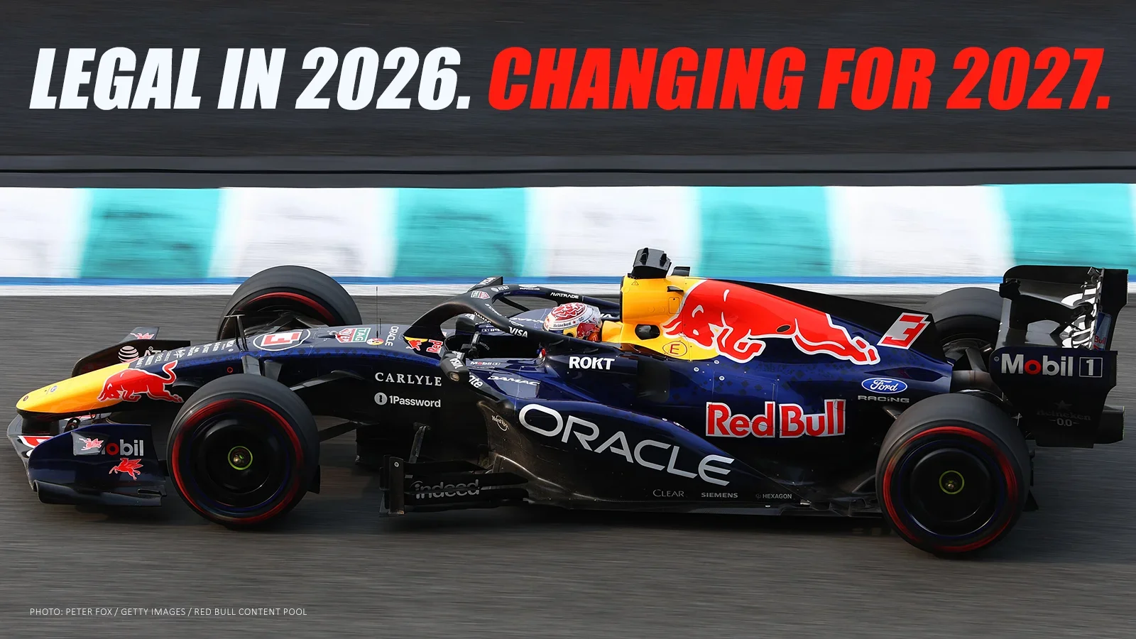 Side view of a Red Bull Formula 1 car with the headline “Legal in 2026. Changing for 2027.”