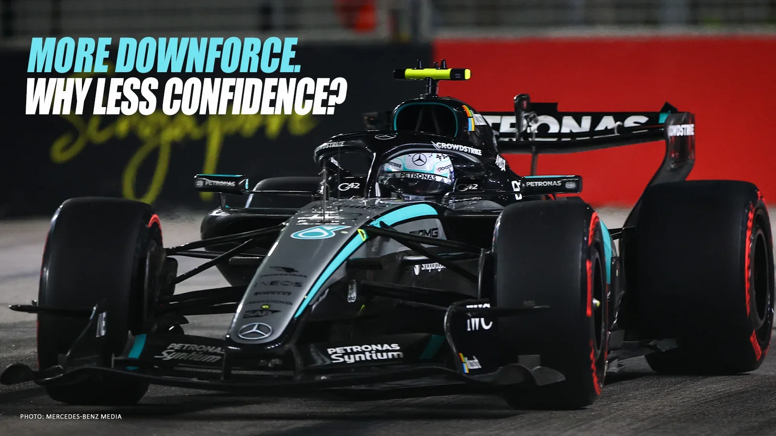 Mercedes Formula 1 car at Singapore beneath the headline “More downforce. Why less confidence?”