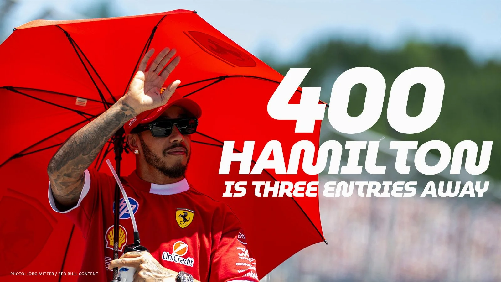 Lewis Hamilton pictured in a graphic marking 397 Grand Prix entries through Singapore 2026, three short of the 400-entry milestone.