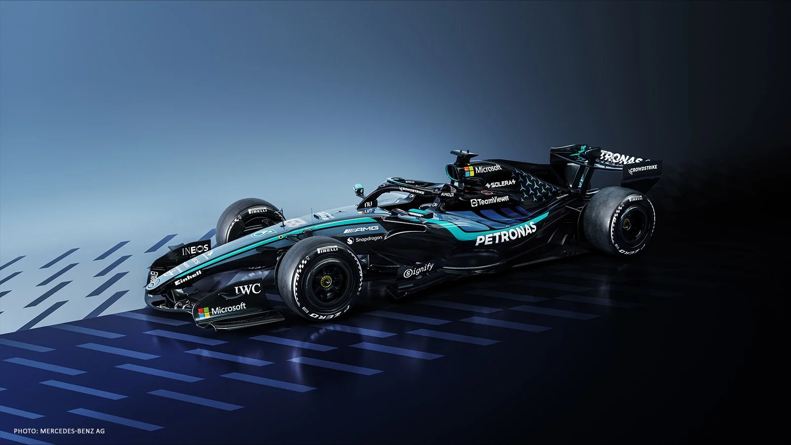 Mercedes-AMG W17 Formula 1 car in its blue-accented MANUFAKTUR livery for the 2026 United States Grand Prix in Austin.