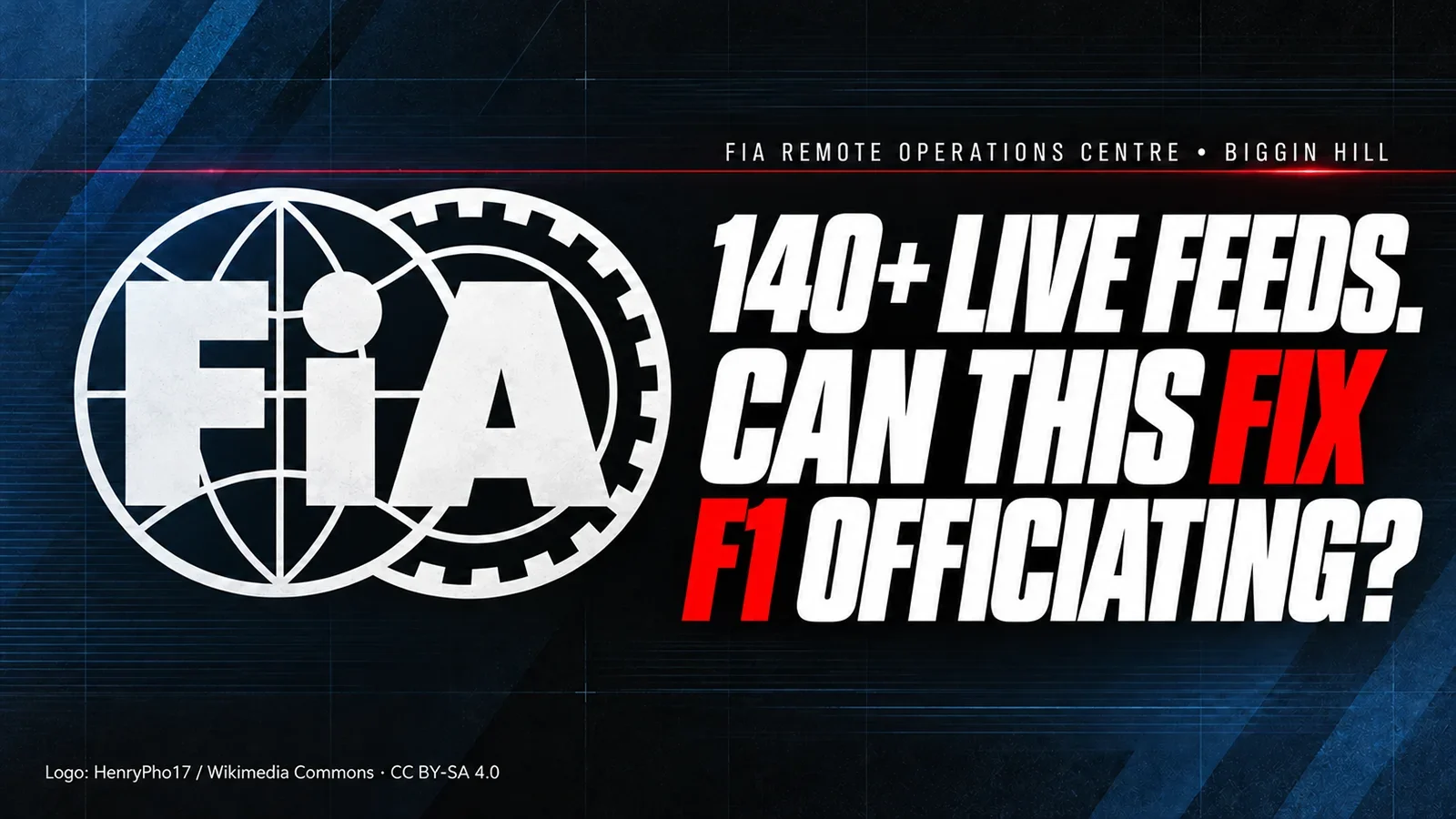 FIA logo beside the words “140+ live feeds. Can this fix F1 officiating?” in a dark blue graphic about the FIA Remote Operations Centre.