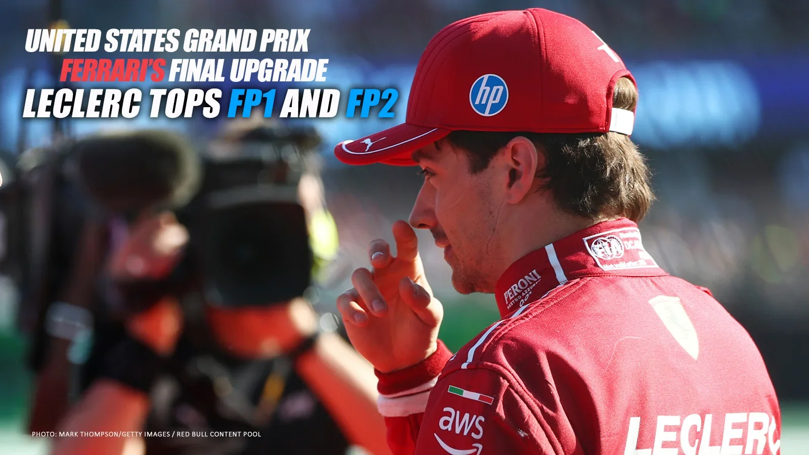 Charles Leclerc in Ferrari team clothing, with text highlighting Ferrari’s final upgrade and his fastest times in Austin FP1 and FP2.