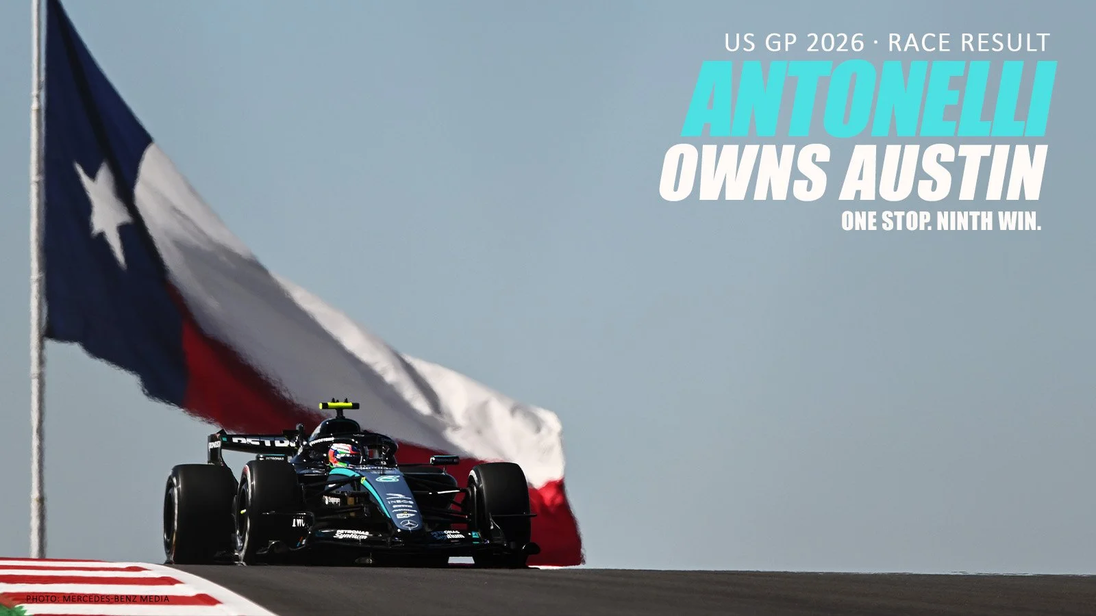 Kimi Antonelli’s Mercedes beneath the Texas flag at Circuit of the Americas, with text celebrating his 2026 US GP victory.