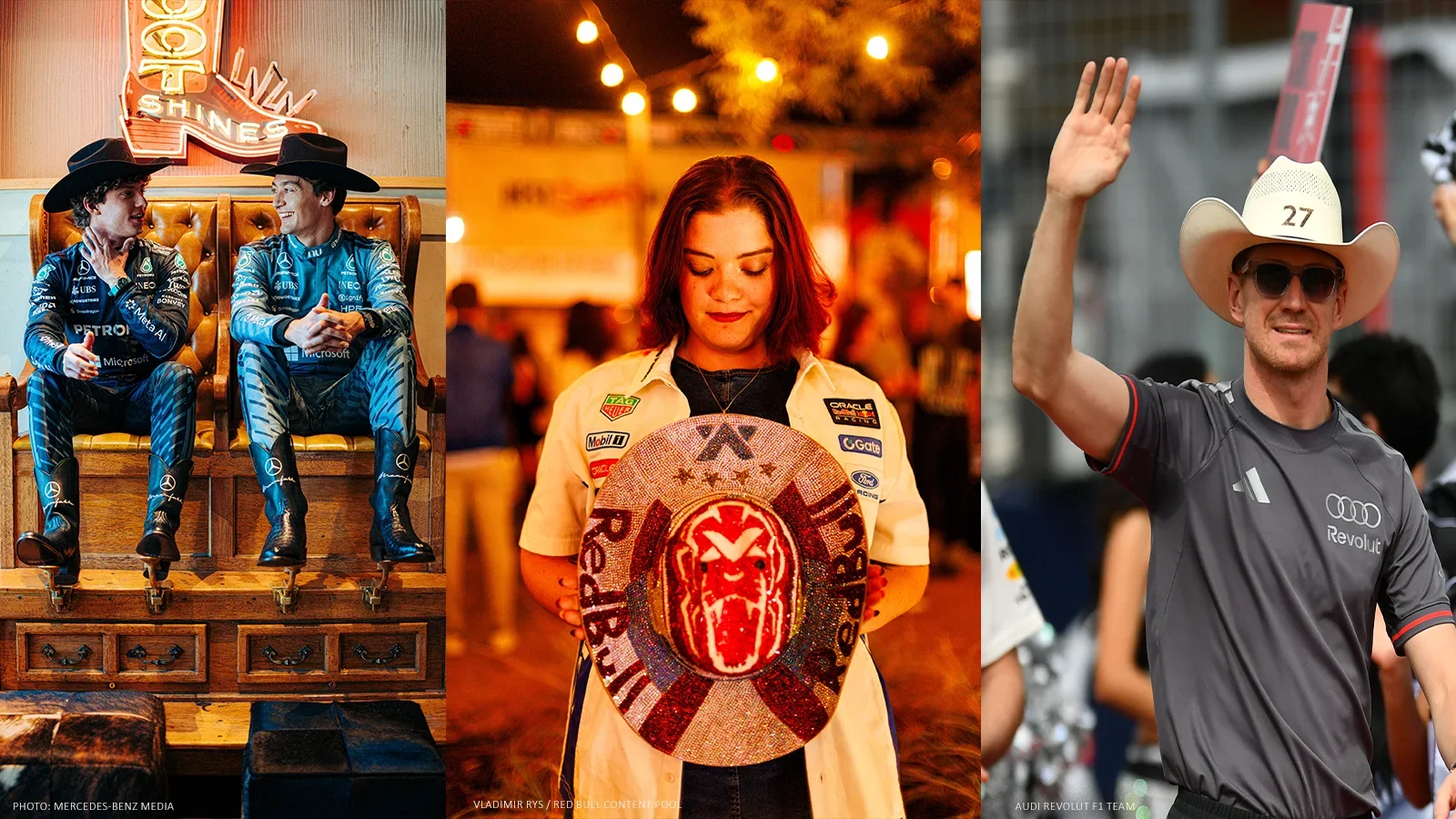 George Russell and Kimi Antonelli in cowboy hats and boots, a fan holding a decorated Red Bull hat, and Nico Hülkenberg wearing a number 27 cowboy hat in Austin.