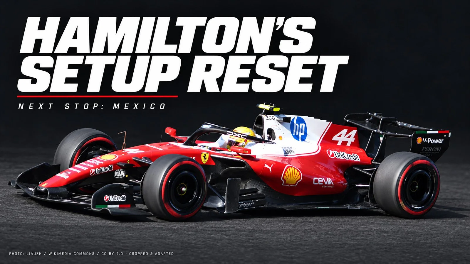 Lewis Hamilton’s number 44 Ferrari beneath the headline “Hamilton’s Setup Reset. Next Stop: Mexico.”