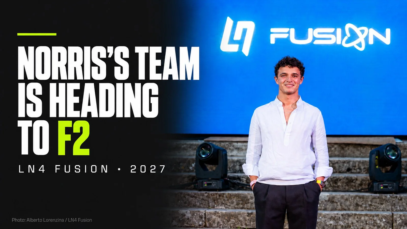 Lando Norris at the LN4 Fusion launch, beside the headline “Norris’s team is heading to F2” and “LN4 Fusion · 2027.”