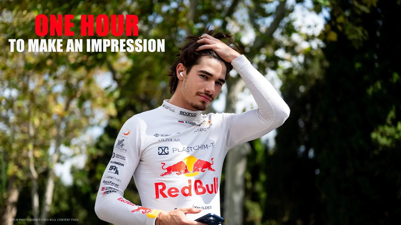 Nikola Tsolov in racing overalls beside the headline “One hour to make an impression,” ahead of his Mexico City FP1 debut.