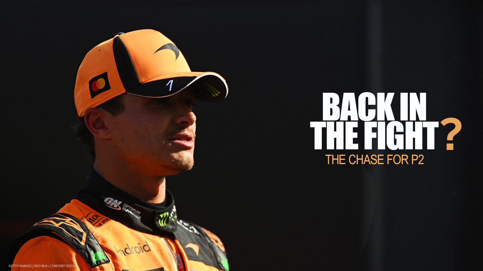 Lando Norris in McLaren racewear beside the words “Back in the Fight?” and “The Chase for P2.”